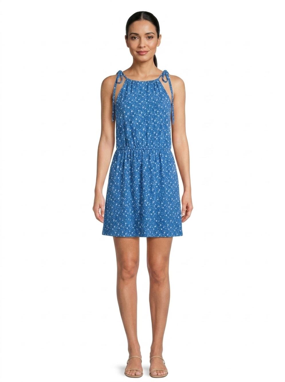 Gilli Blue A-Line Mini Knit Floral Dress Women Size S
